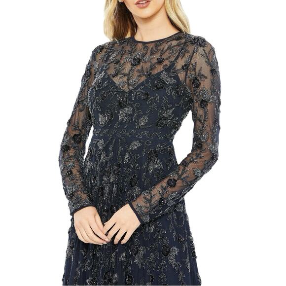 Mac Duggal 10799 Navy Beaded Illusion High Neck Long Sleeve Dress Size 6 $398 - Picture 3 of 10
